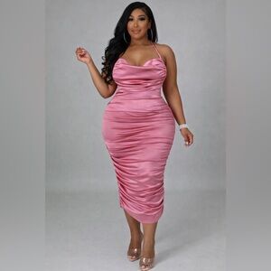Pink Satin Ruched Midi Dress | Curve-Hugging & Sexy